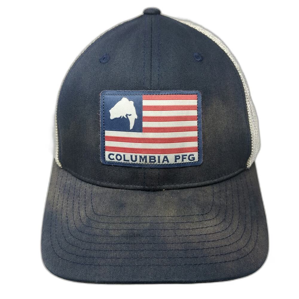 Columbia Baseball Cap Blue XL PFG Fish American Flag Mesh Back Stretch Fit Hat